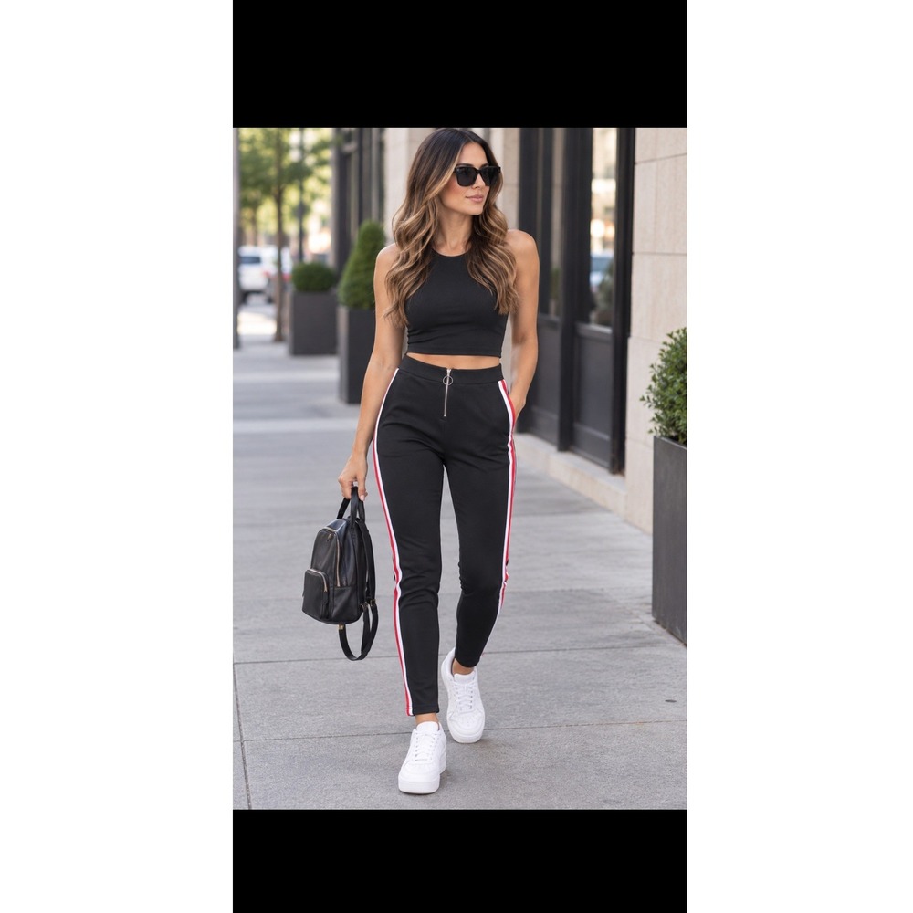 Black High Waisted Racing Stripe Leggings Front Zip Ring Pull Size L